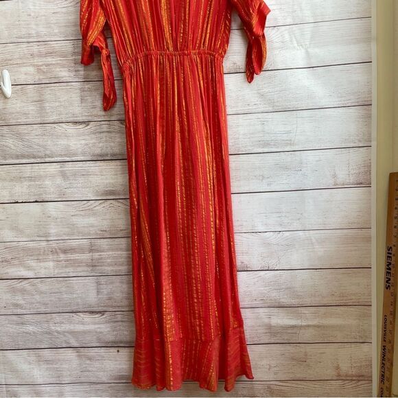 MICHAEL KORS METALLIC CREPE WRAP MAXI DRESS IN ORANGE - Picture 7 of 8